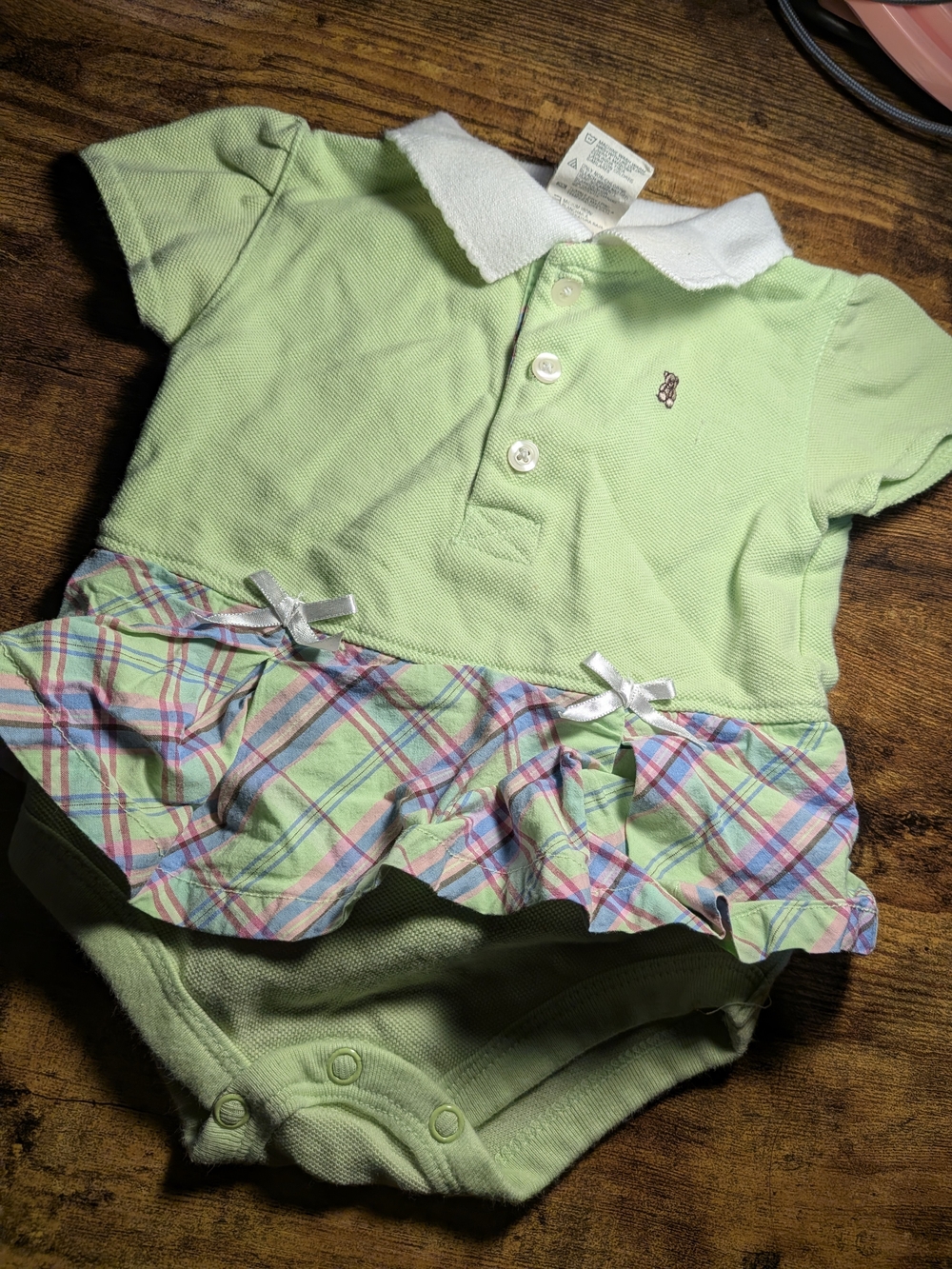 Baby Girls Light Green Polo Romper with Plaid Skirt